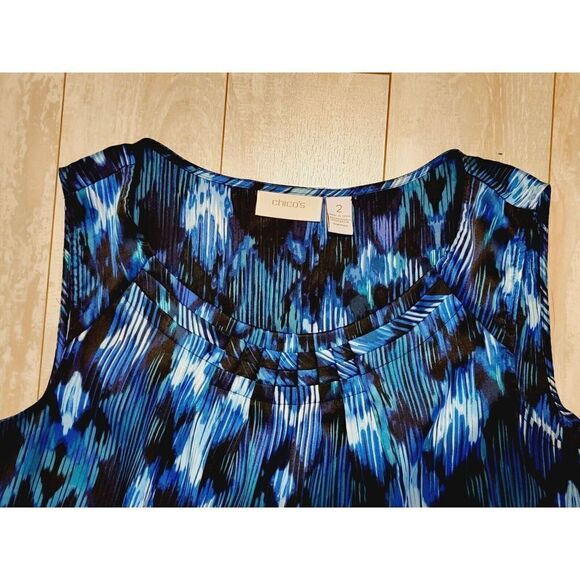 Chicos 2 Sleeveless Blouse Large 12 Shades Of Blues Satin Feel Shell Tank Top - Picture 3 of 4